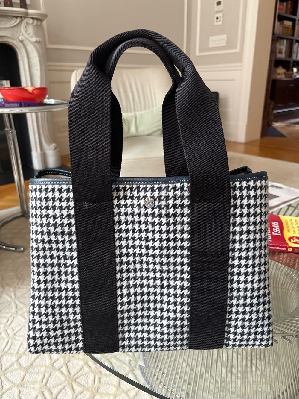 Black & White Houndstooth Tote with Wide Black Handles